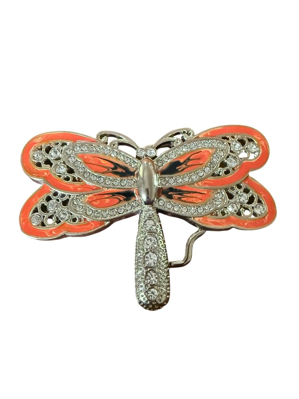 Vintage Y2K Dragonfly Crystal Embellished Belt Buckle Silver Tone & Orange